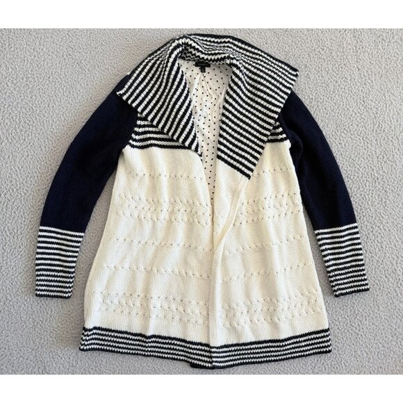 Talbots Sweater Navy White Wool Nautical Open Front Knit Lined - Picture 1 of 10